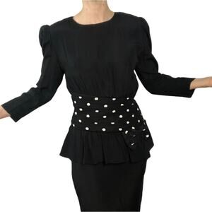 Vintage black dress with polka dot band and‎ bow shoulder pads